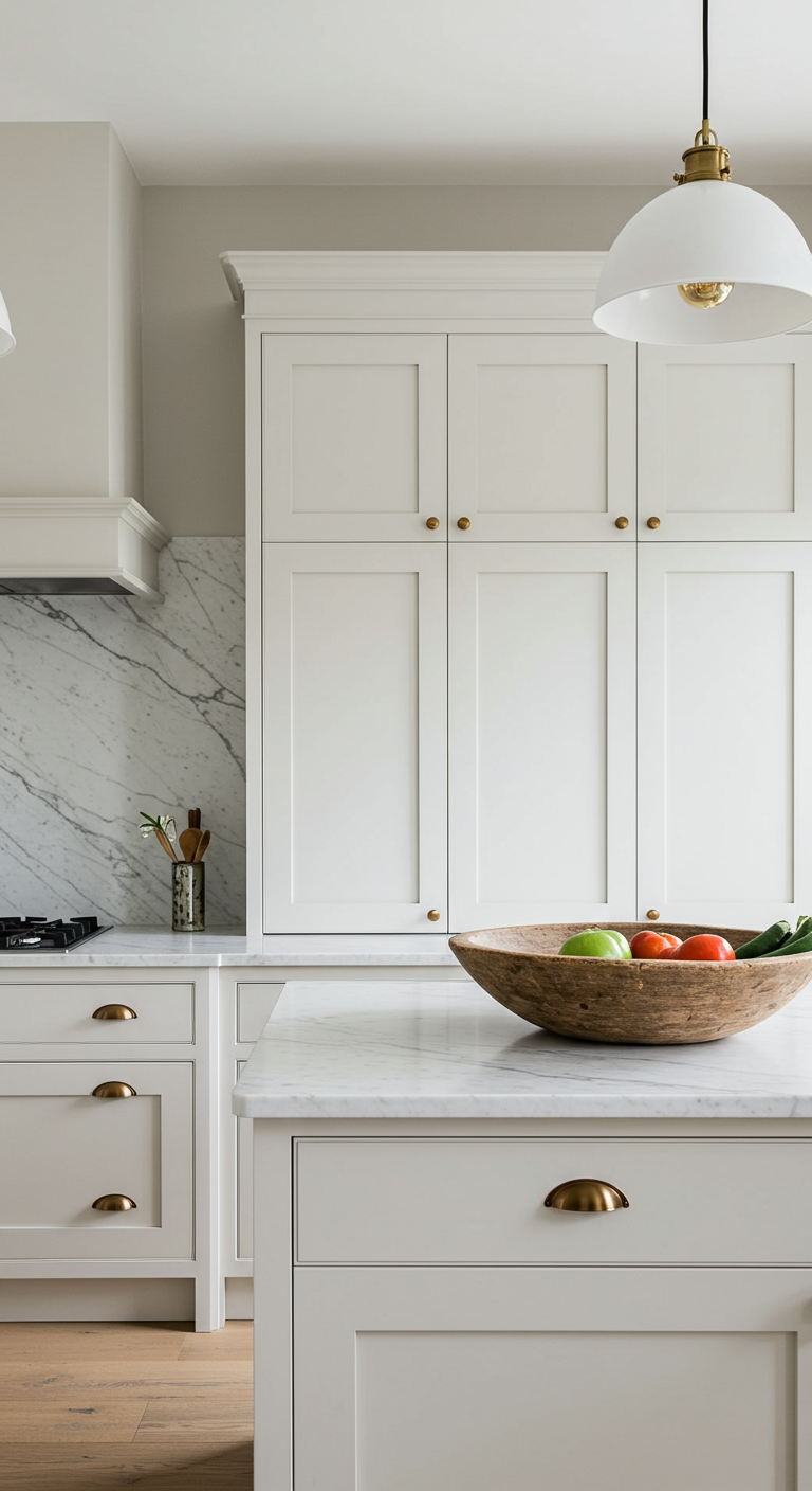 Witte keuken met marmeren achterwand en grote houten kom met fruit.
