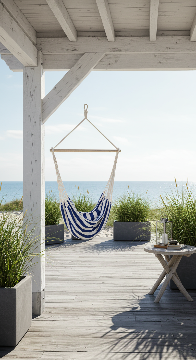 Blauw-wit gestreepte hangstoel onder een witte houten overkapping met uitzicht op zee.