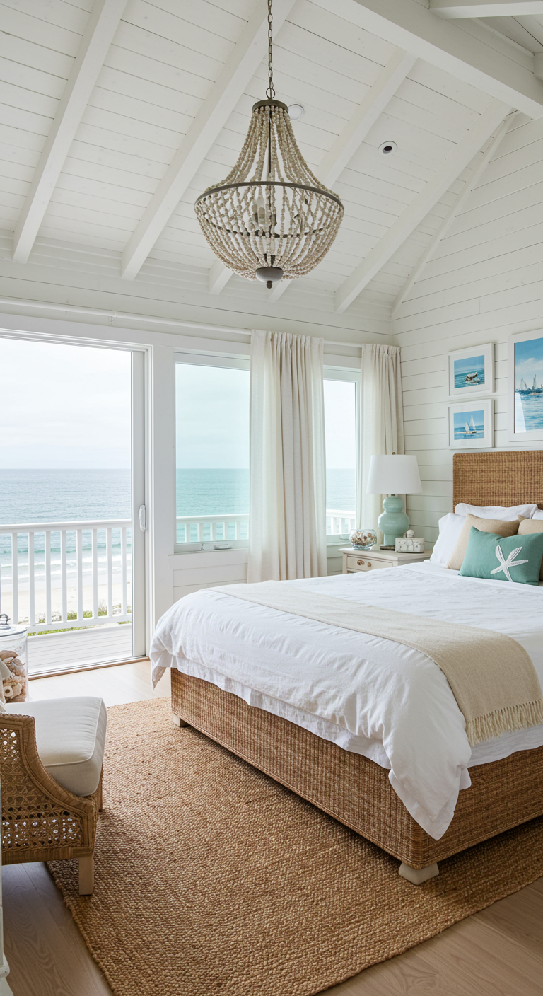Lichte slaapkamer in kuststijl met rotan bed en uitzicht op zee.