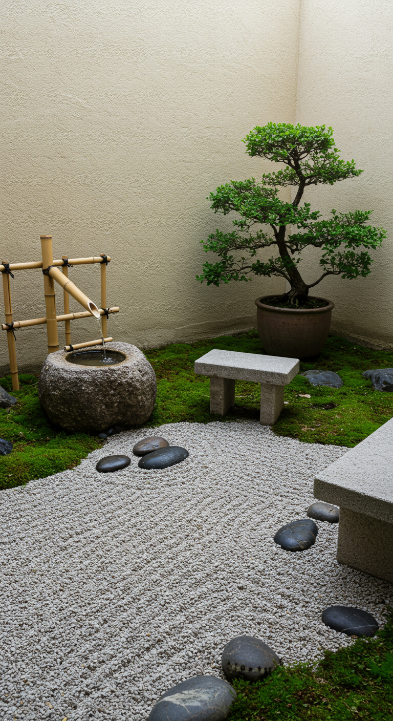 Minimalistische Japanse tuin met grind, mos, stenen, bamboe waterornament en bonsai boom.