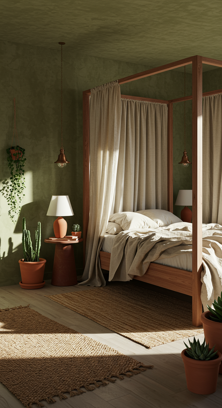 Slaapkamer met olijfgroene muren, houten hemelbed en terracotta plantenpotten.