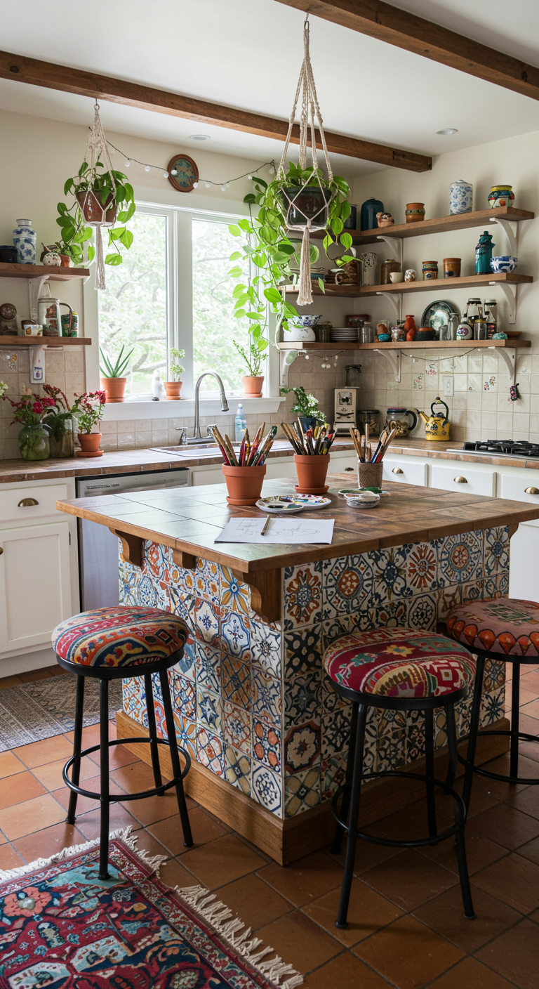 Bohemian keukeneiland met kleurrijke tegels, planten en krukjes met print, als creatieve werkplek.
