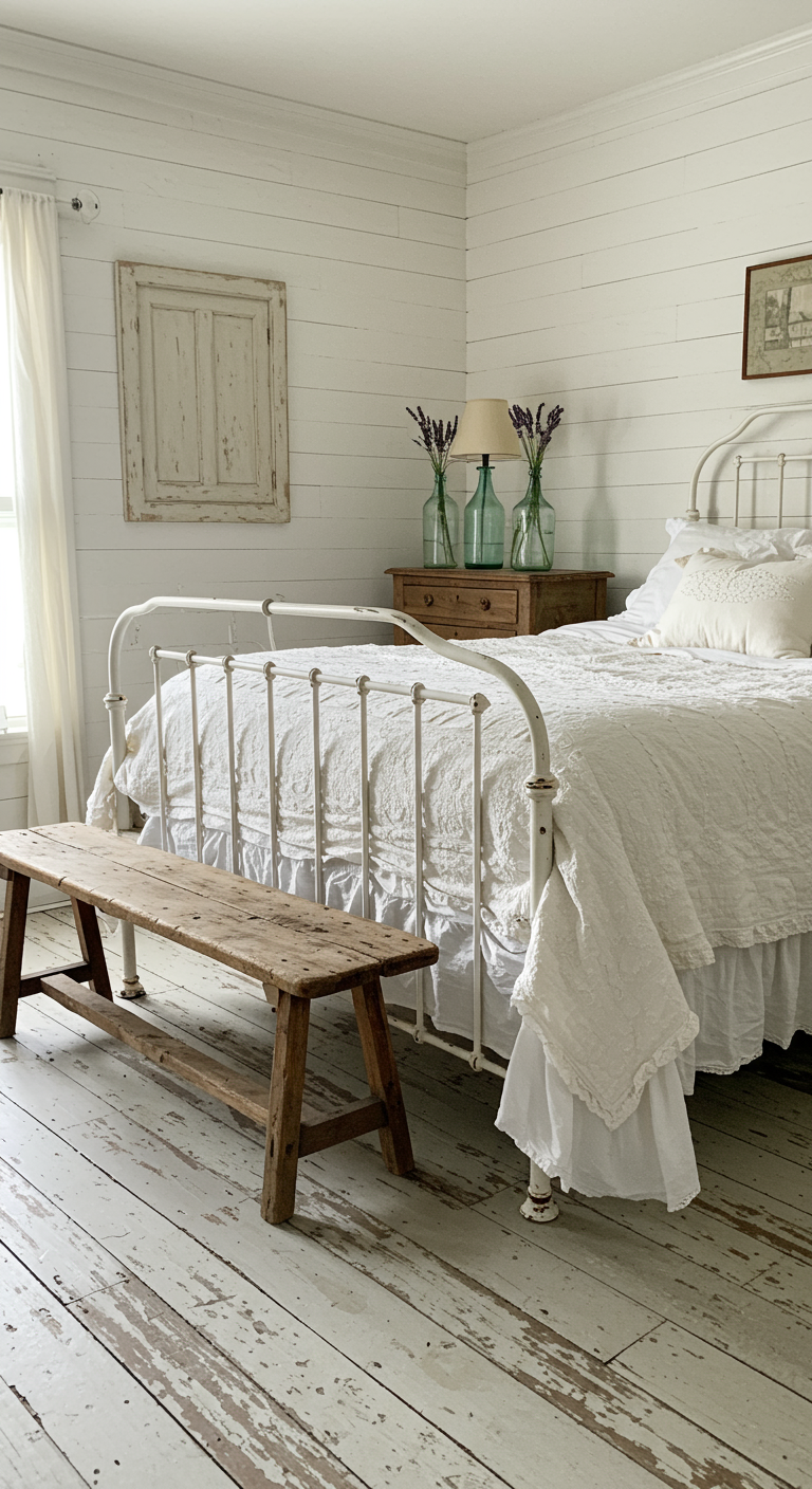 Landelijke witte slaapkamer met wit metalen brocante bed en verweerde houten vloer.