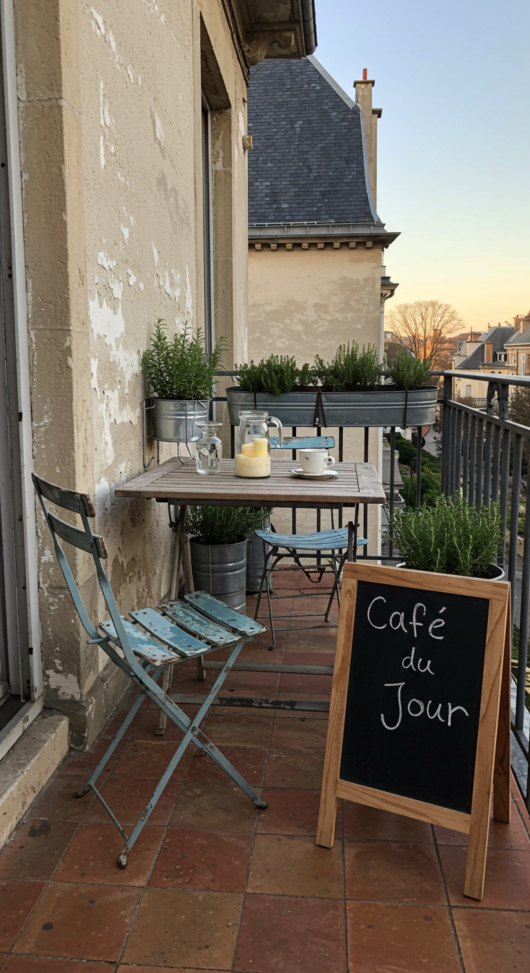 Verweerde blauwe bistroset op balkon met 'Café du Jour' krijtbord en kruiden.
