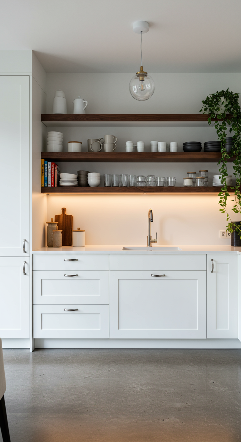 Witte keuken met een lange houten open plank met daaronder sfeerverlichting.