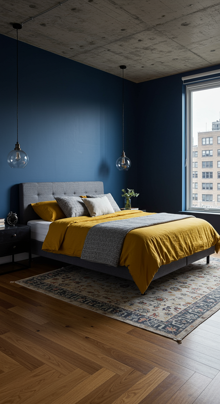 Moderne slaapkamer met marineblauwe muur, grijs bed met mosterdgeel beddengoed.