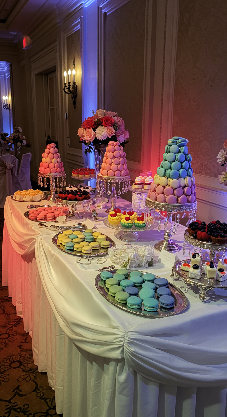 Dessertbuffet met macaron torens, gebakjes en taartjes in regenboogkleuren.