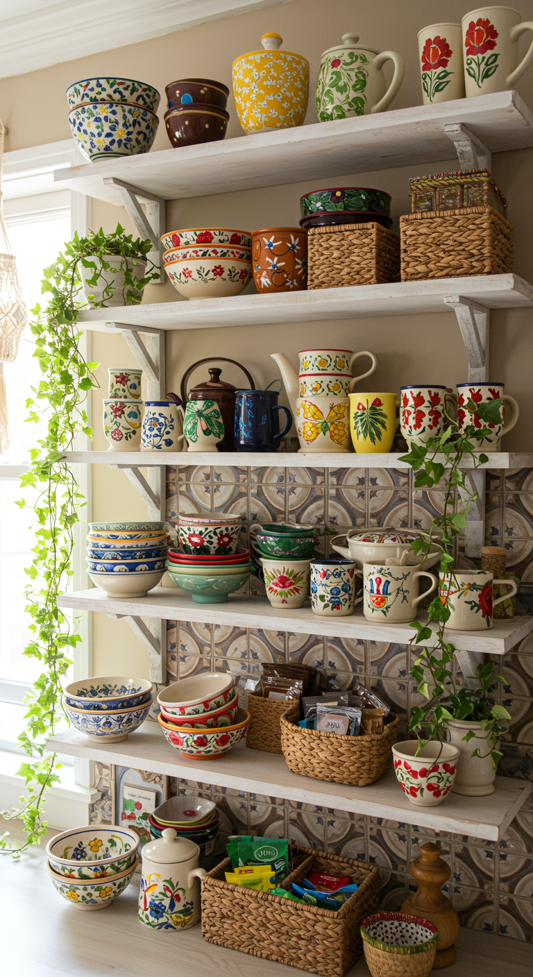 Witte wandplanken vol kleurrijk, folkloristisch servies en hangplanten tegen een lichte wand.