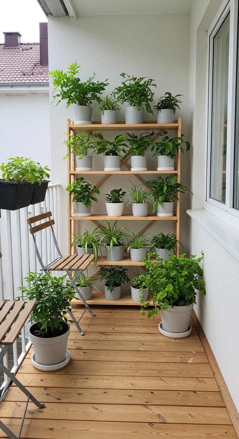 Hoge, lichte houten open stellingkast gevuld met diverse groene planten in grijze potten.