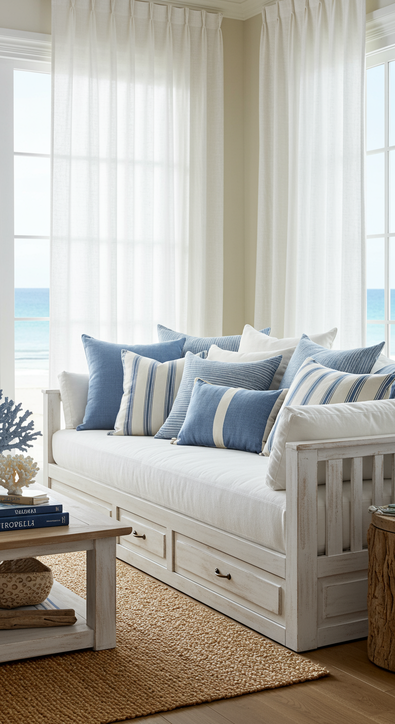 Wit houten daybed met blauw-wit gestreepte kussens en lades.