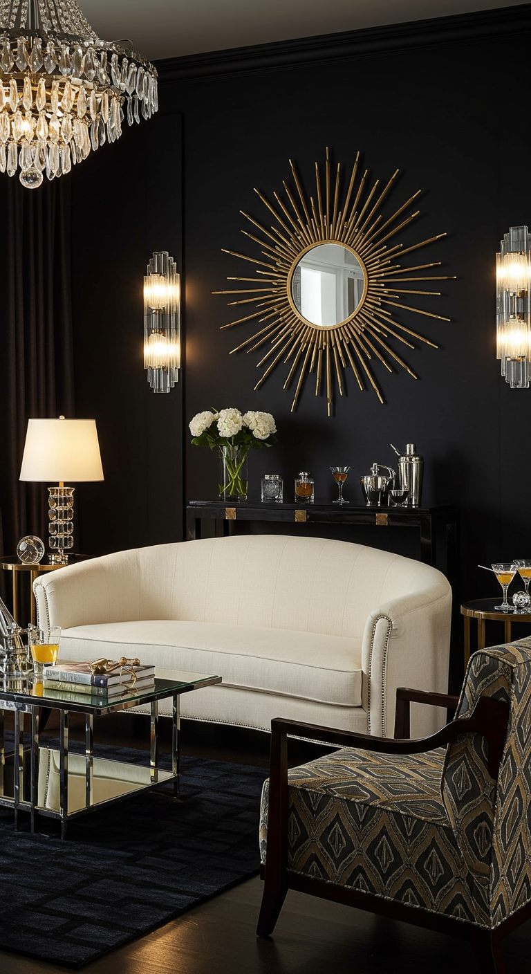 Elegante woonkamer met zwarte muren, gouden sunburst spiegel en crèmekleurige bank.