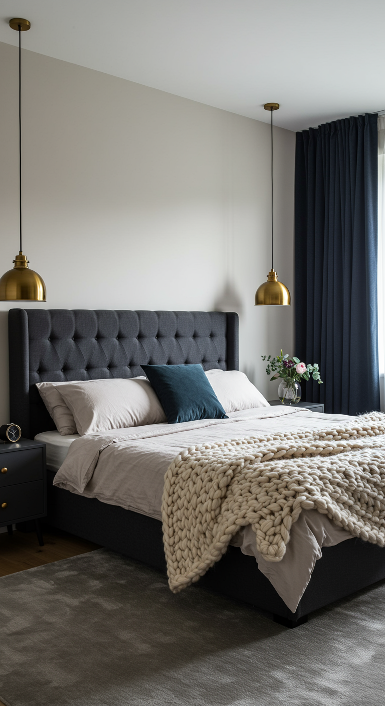 Luxe slaapkamer met donkergrijs hoofdbord, blauwe gordijnen en chunky plaid.