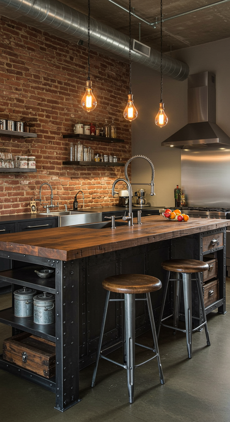 Industrieel kookeiland met donker metalen frame, houten blad en metalen krukken.