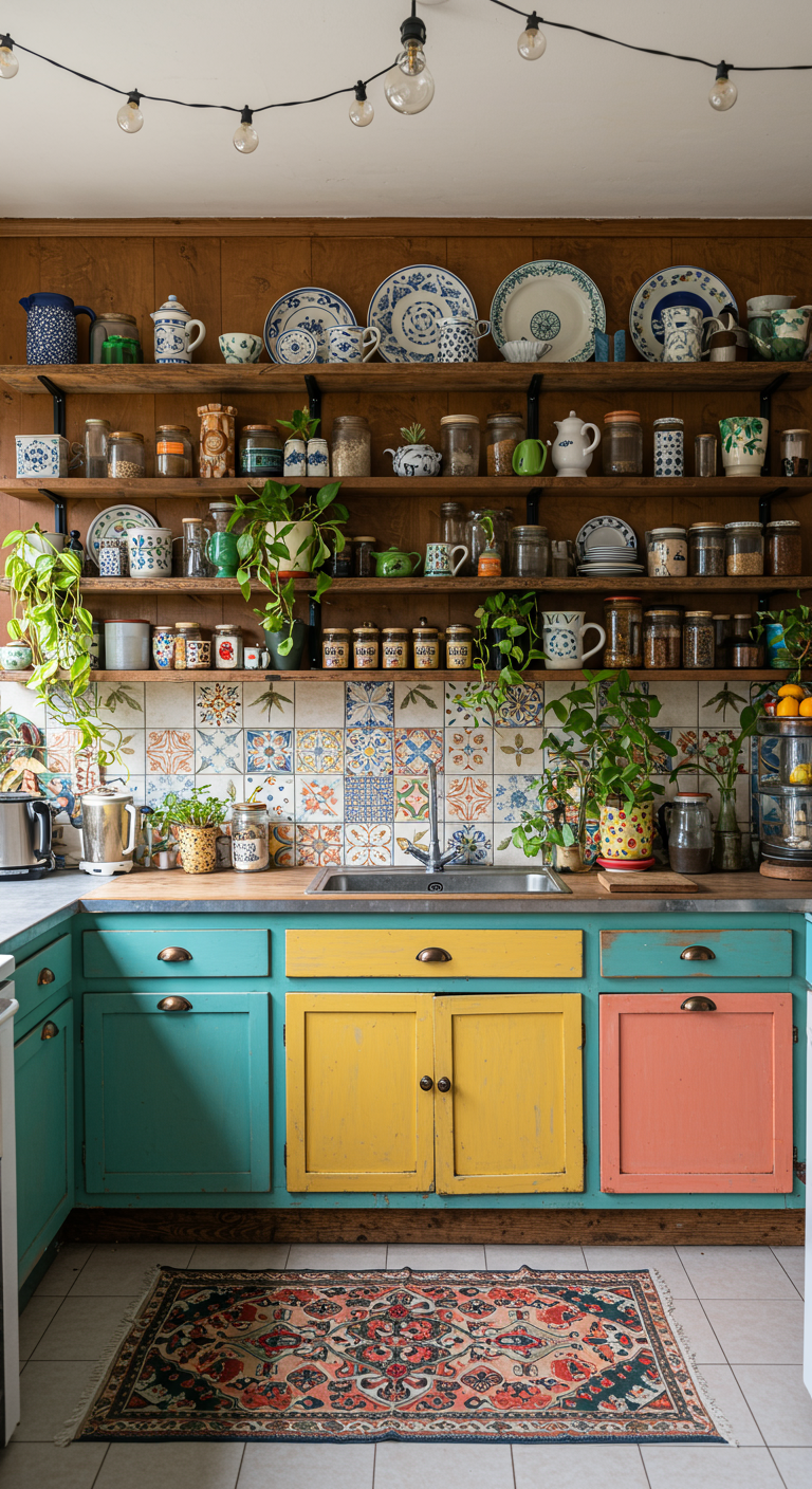 Eclectische keuken met kleurrijke onderkasten en open houten planken vol servies en planten.