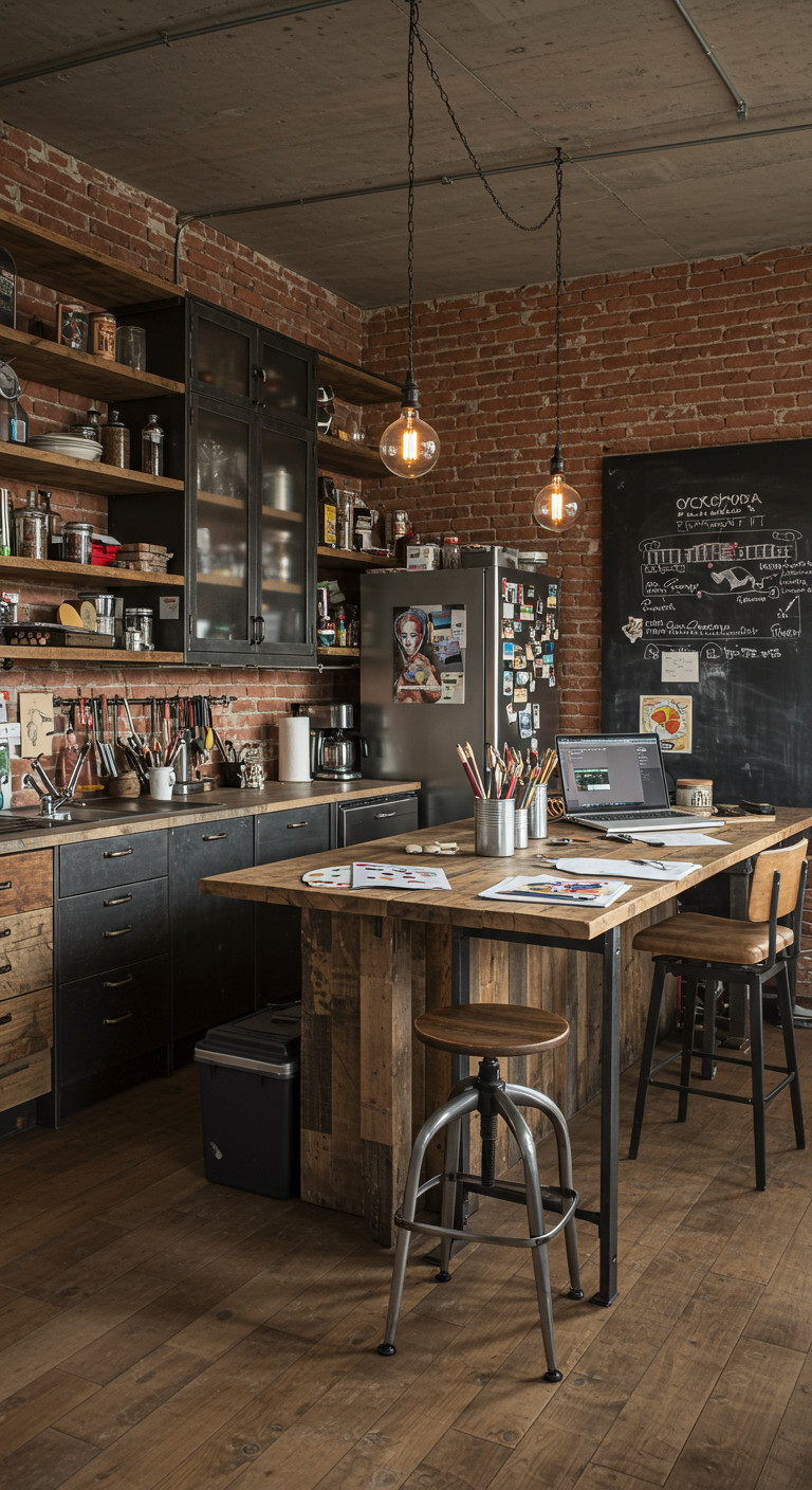 Industriële keuken en werkplek met bakstenen muur, open rekken en een groot krijtbord.