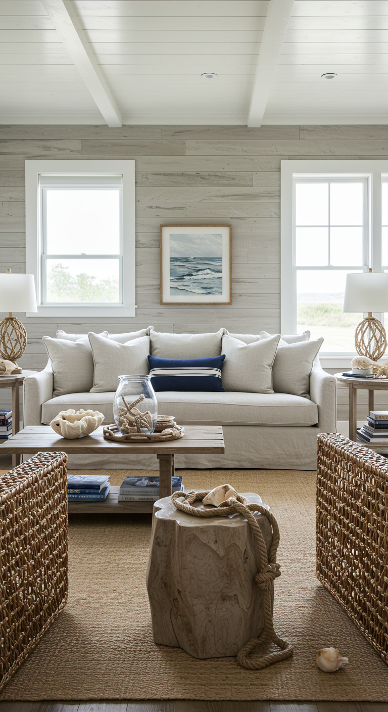 Coastal woonkamer met grijze houten muren en rotan meubels.