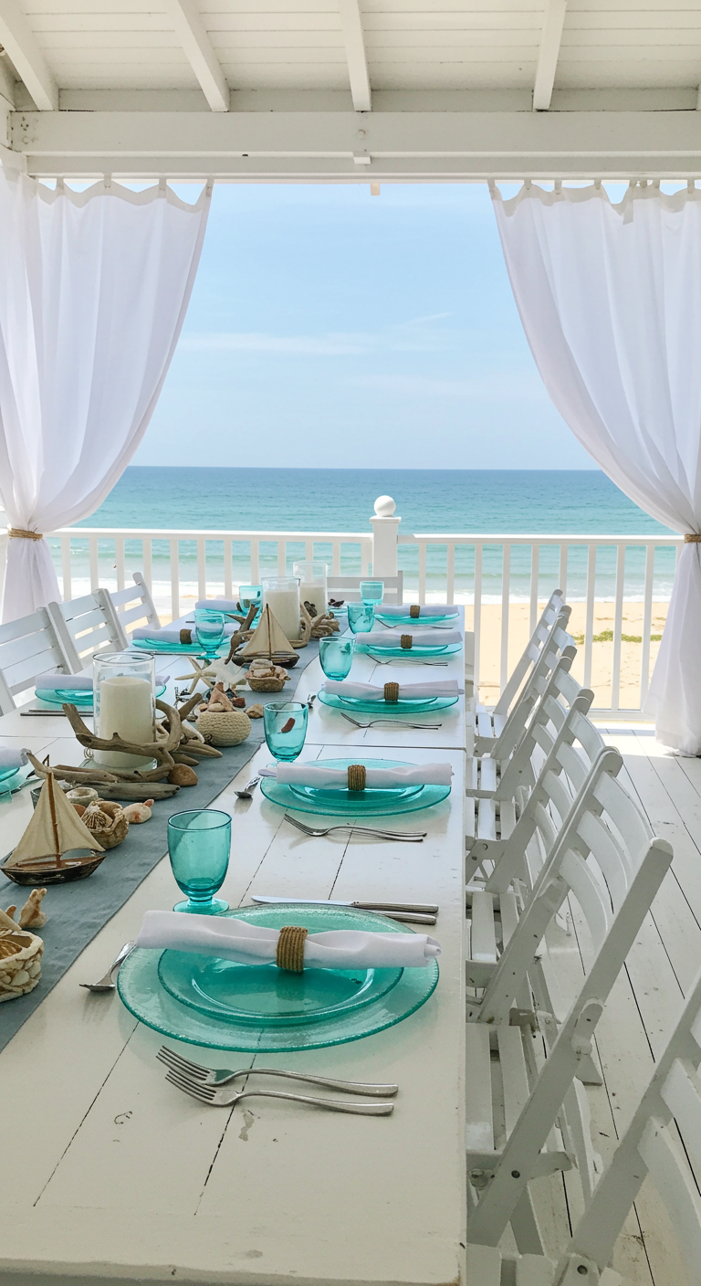 Strandthema tafelsetting met turquoise en witte accenten.