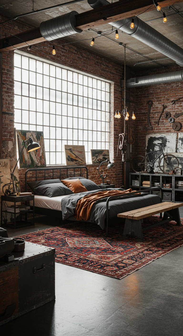 Industriële slaapkamer met bakstenen muur, metalen bed en groot raam.