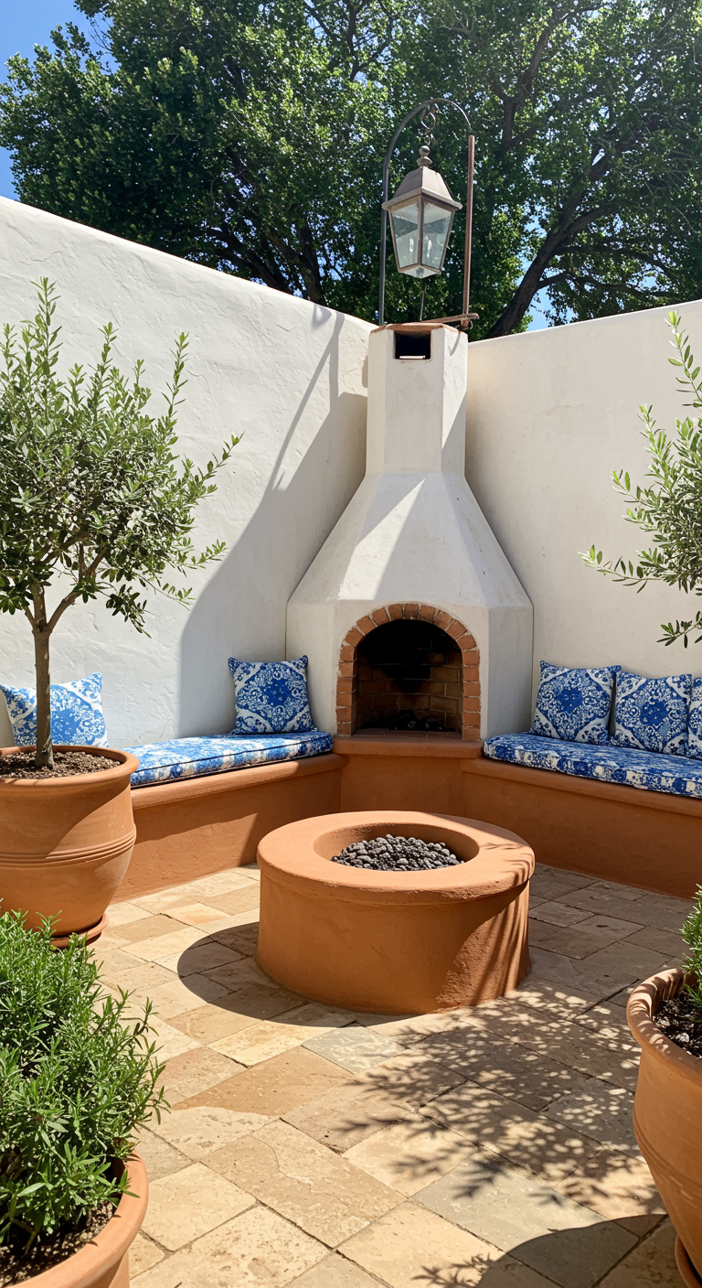 Mediterraan terras met witte buitenhaard, terracotta vuurschaal en blauw-witte kussens.