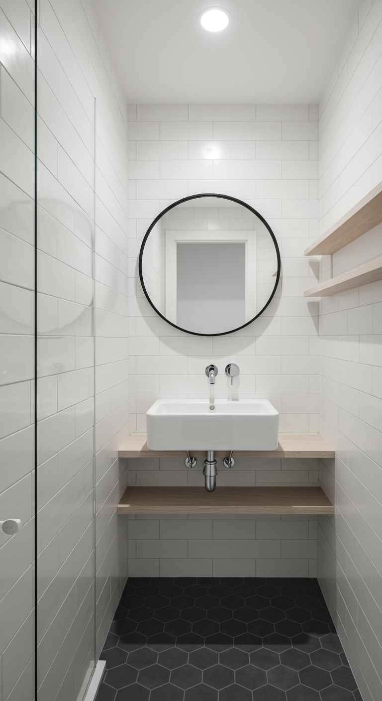 Minimalistische witte badkamer met ronde spiegel, zwarte hexagon vloer en houten planken.