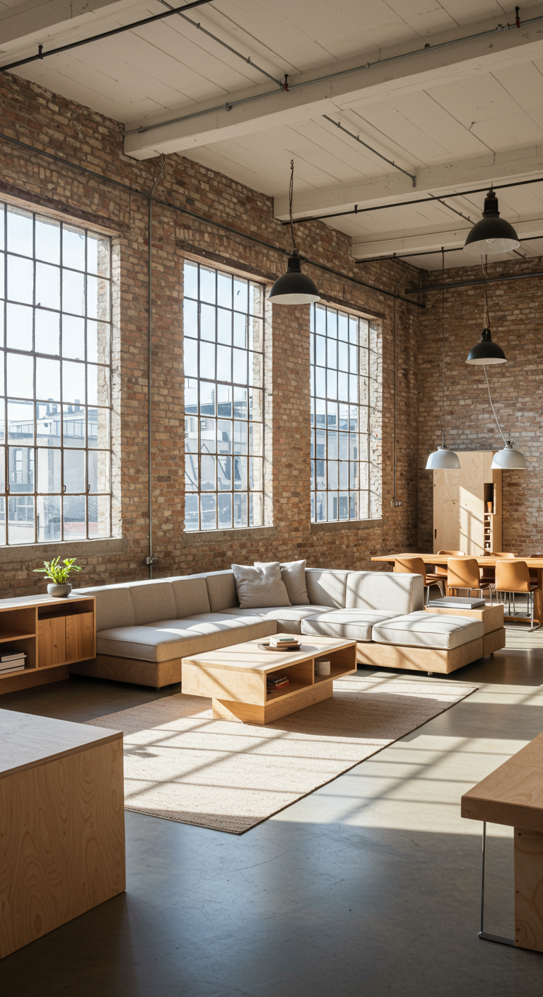 Industrieel loft met bakstenen muren, grote ramen en lichte multiplex meubels.