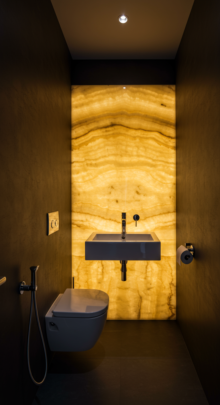 Modern toilet met een dramatische, van achteren verlichte onyx wand achter de wastafel.