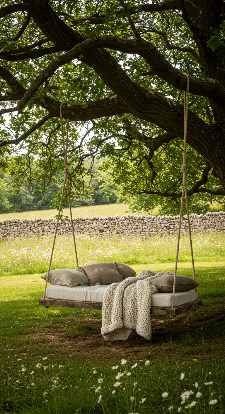 Rustiek houten schommelbed met neutrale kussens en een gebreid plaid, hangend aan een grote boom.