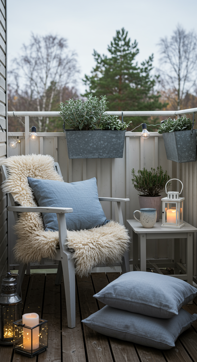 Grijs houten stoel met schapenvacht, blauwe kussens en lantaarns op een balkon.