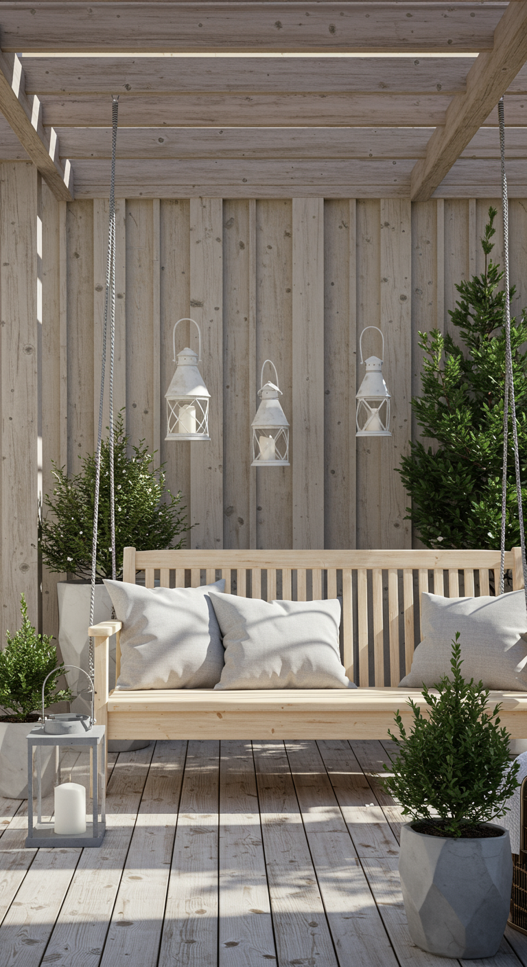 Lichte houten schommelbank onder pergola met lantaarns.