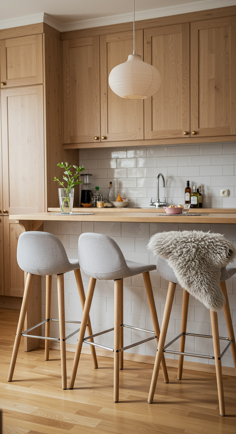 Scandinavische keuken met licht houten kasten en grijze stoffen barkrukken, één met schapenvacht.