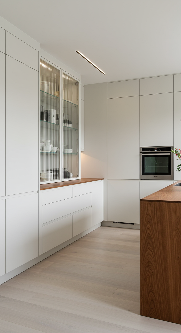Witte keuken met bovenkast met geribbeld glas en houten werkblad.