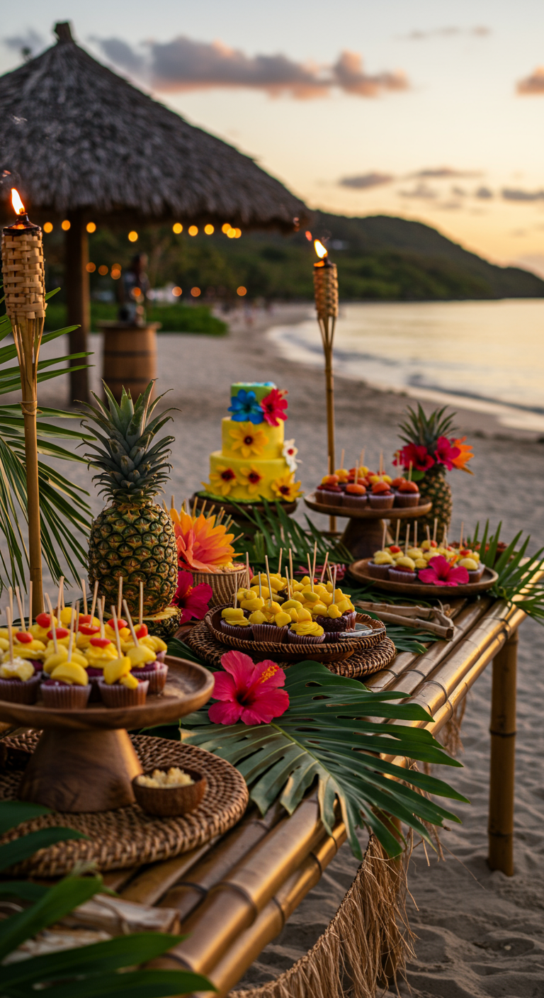 Tropische sweet table op het strand met bamboe, palmbladeren, ananas en fakkels.