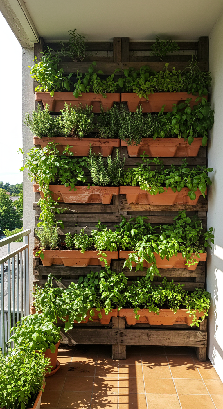 Verticale kruidentuin gemaakt van houten pallets en terracotta potten op een balkon.