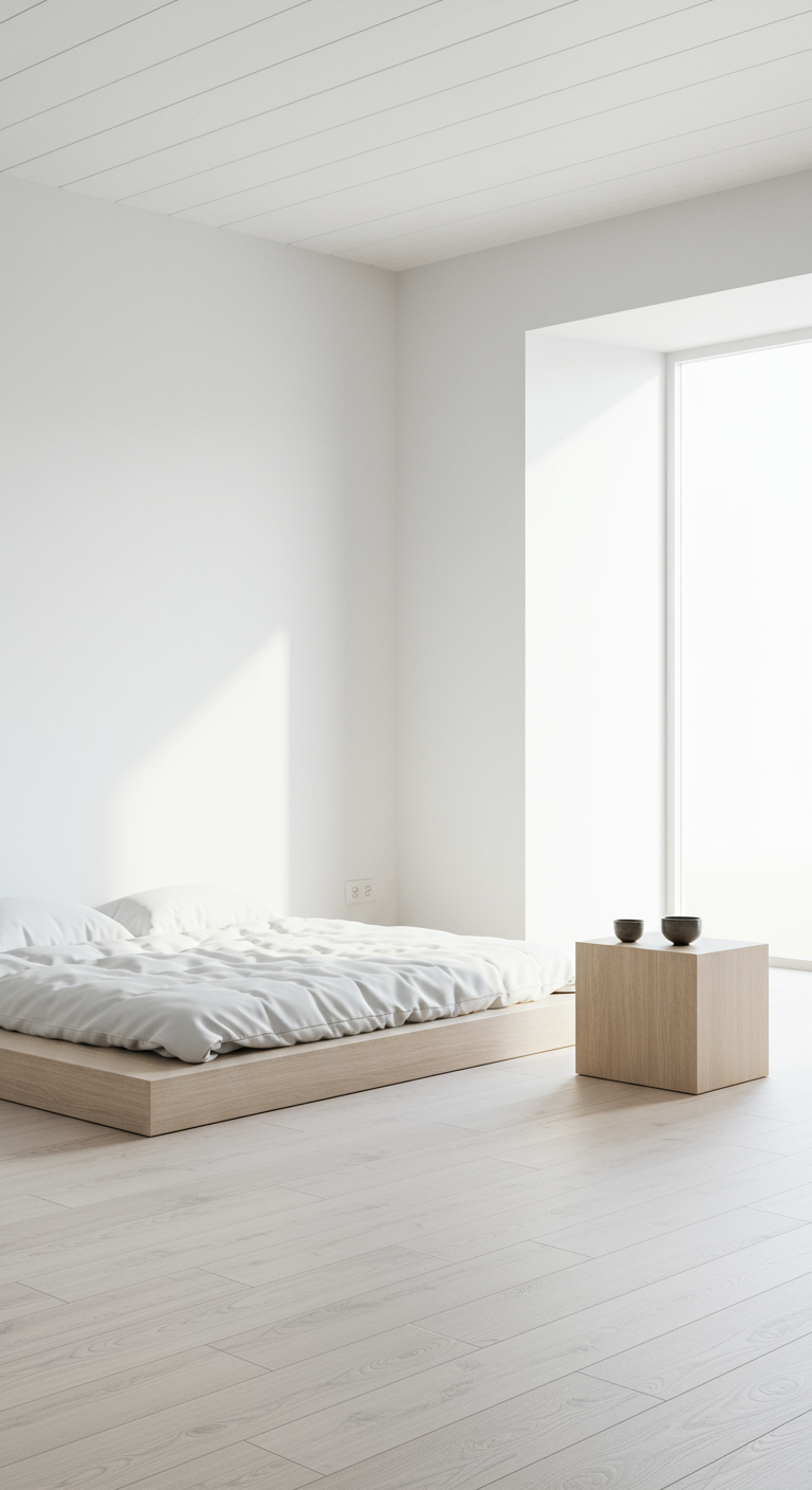 Lichte, minimalistische slaapkamer met wit bed, houten vloer en groot raam.