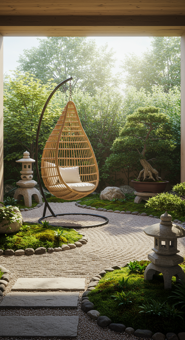 Rotan eivormige hangstoel op standaard in een serene Japanse zentuin.