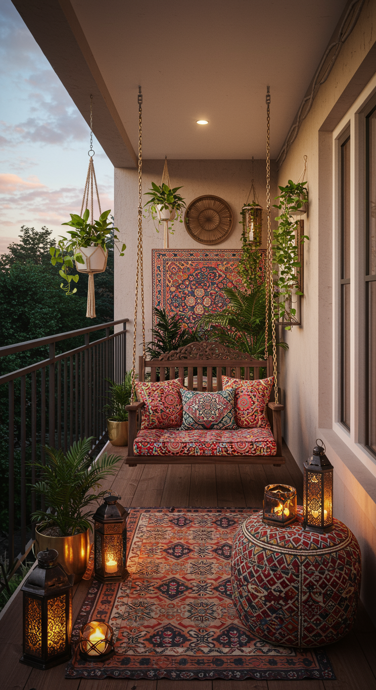 Bohemian balkon met houten schommelbank, kleurrijke kussens en planten.