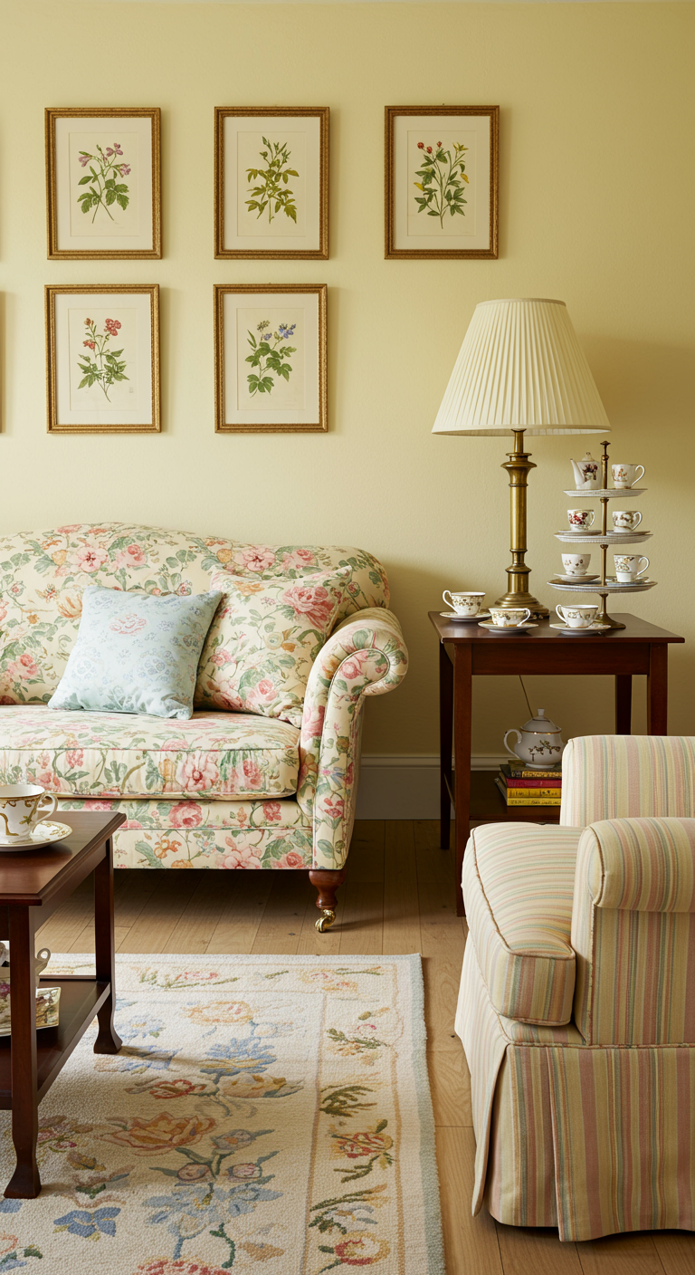 Cottage stijl woonkamer met bloemenbank, botanische prenten en porseleinen servies.