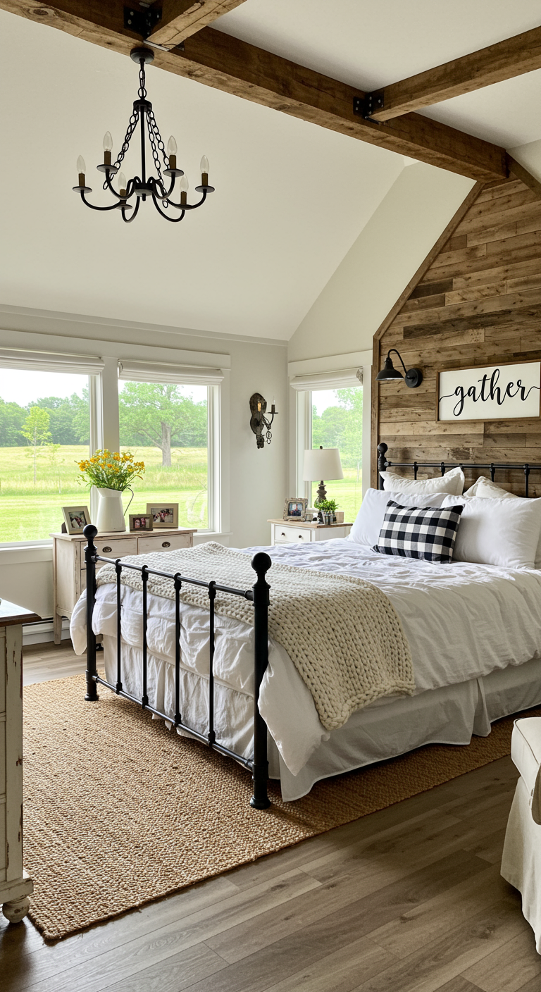 Landelijke slaapkamer met houten accentmuur en metalen spijlenbed.