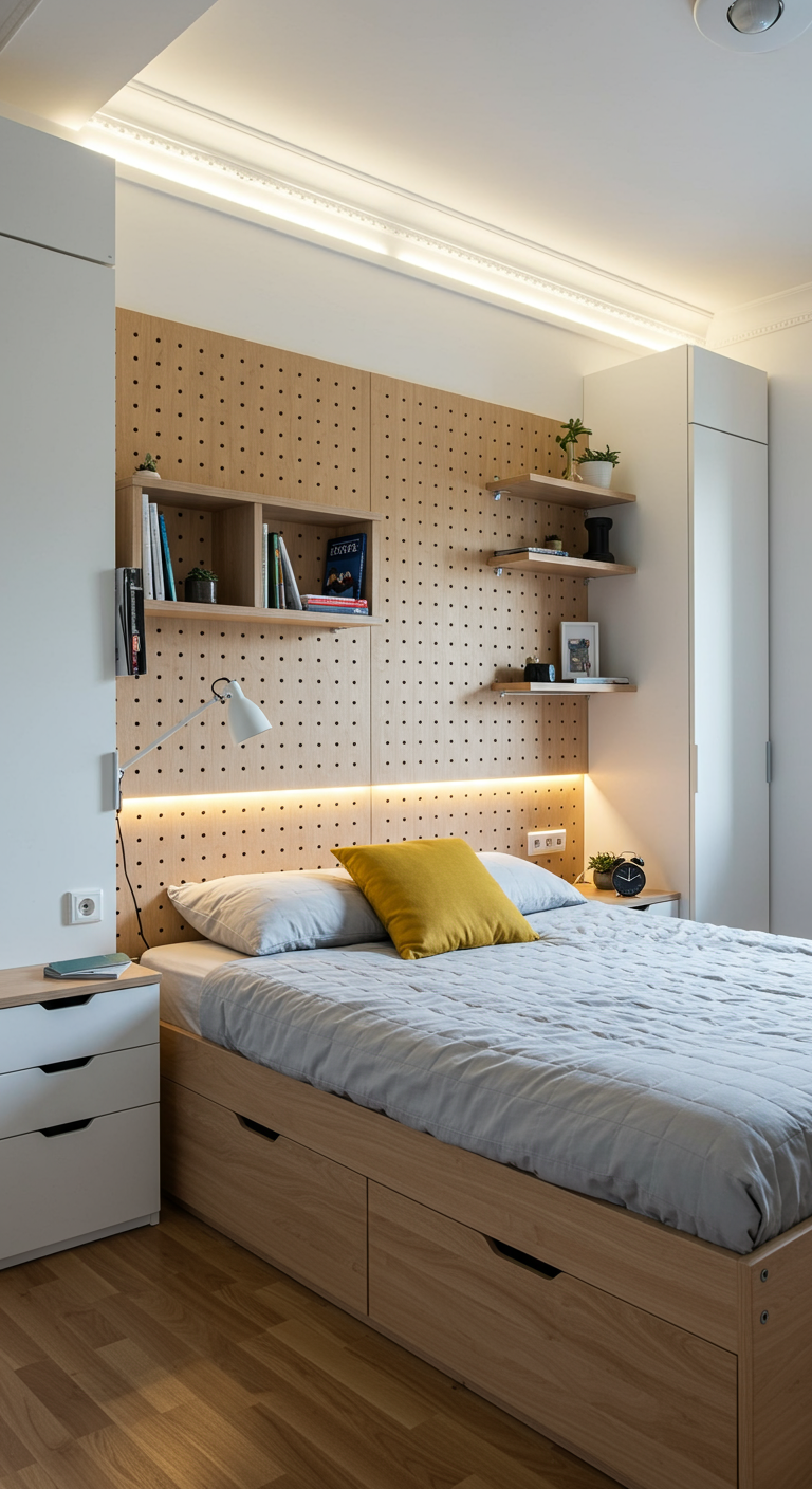 Houten pegboard als functioneel hoofdbord met plankjes en verlichting.