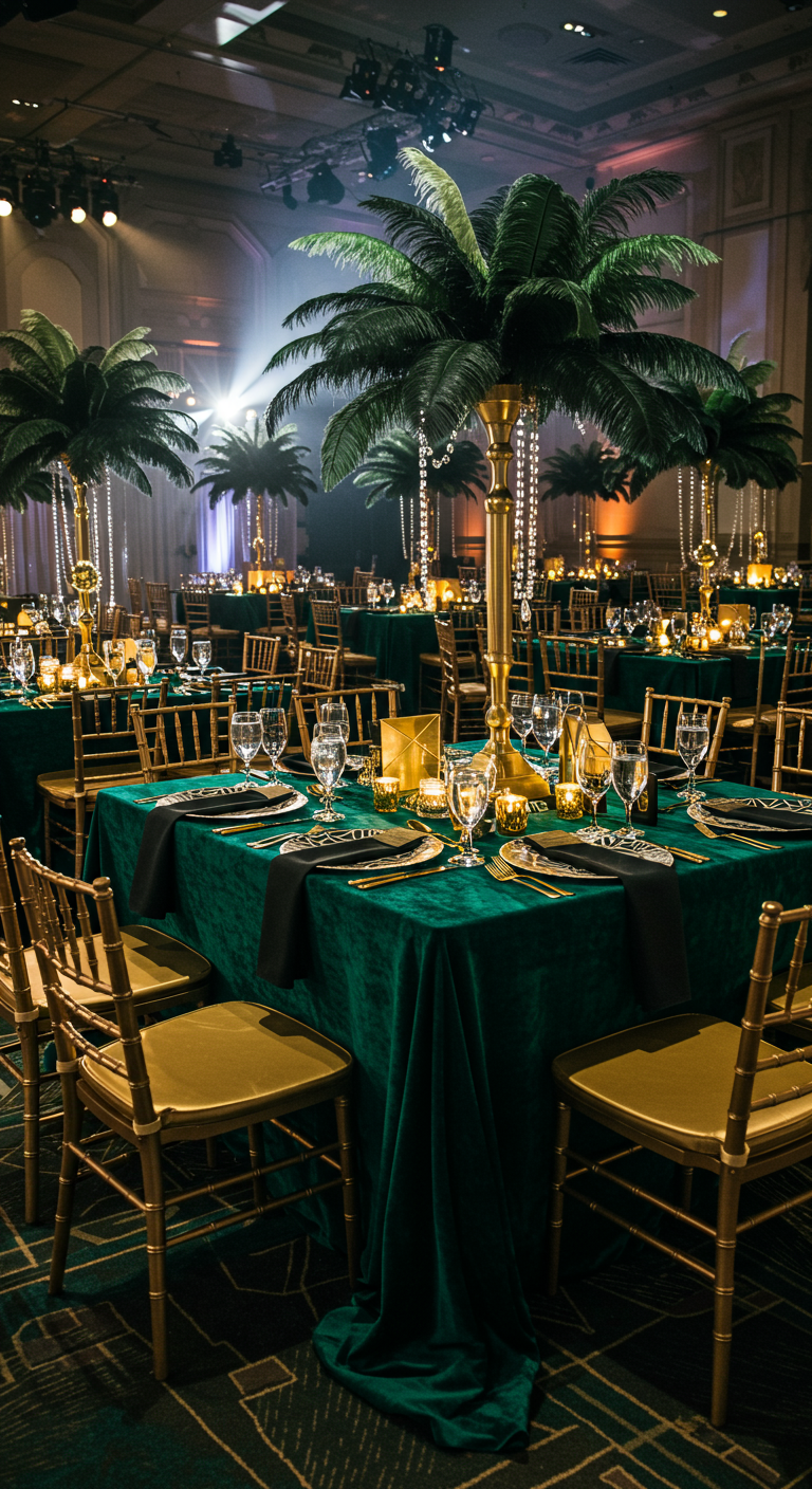 Luxe tafelsetting met smaragdgroene tafelkleden en gouden details.