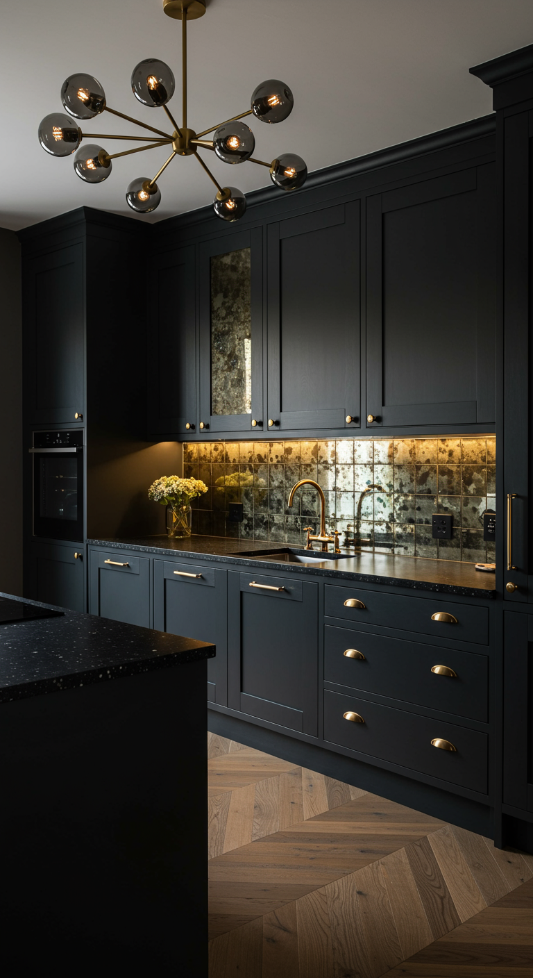 Zwarte keuken met gouden accenten en een achterwand van antieke spiegeltegels.