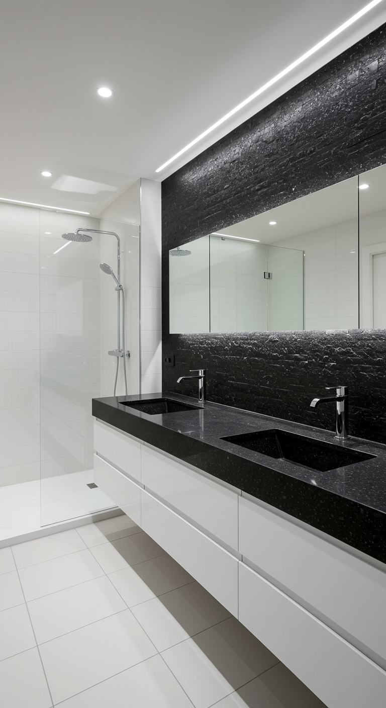 Moderne zwart-wit badkamer met een zwarte natuursteen accentmuur en een lange spiegel.