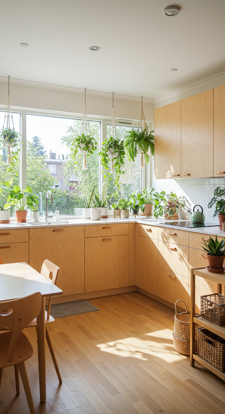 Lichte houten minimalistische keuken met veel hangende en staande planten.