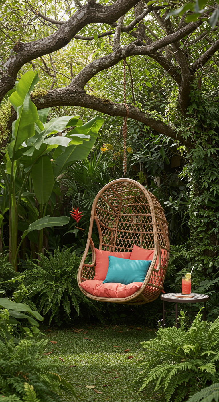 Rotan hangstoel met oranje en blauwe kussens hangend aan een boomtak in een weelderige tuin.