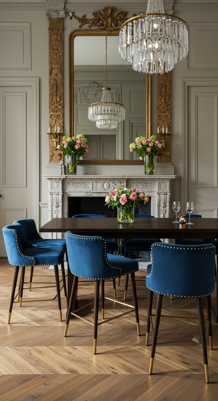 Elegante eetruimte met hoge tafel en blauw fluwelen barkrukken met gouden details.