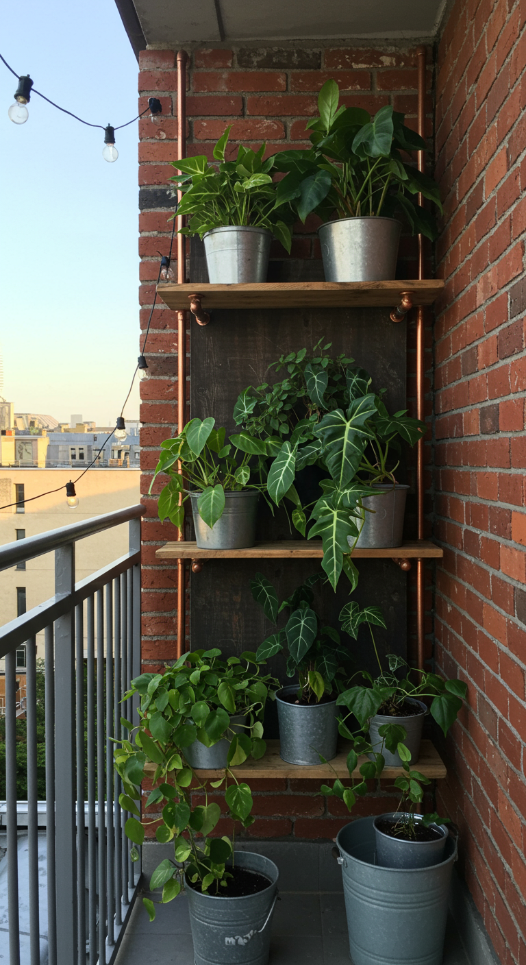 Industrieel plantenrek van koperen buizen en houten planken tegen bakstenen muur, met planten.