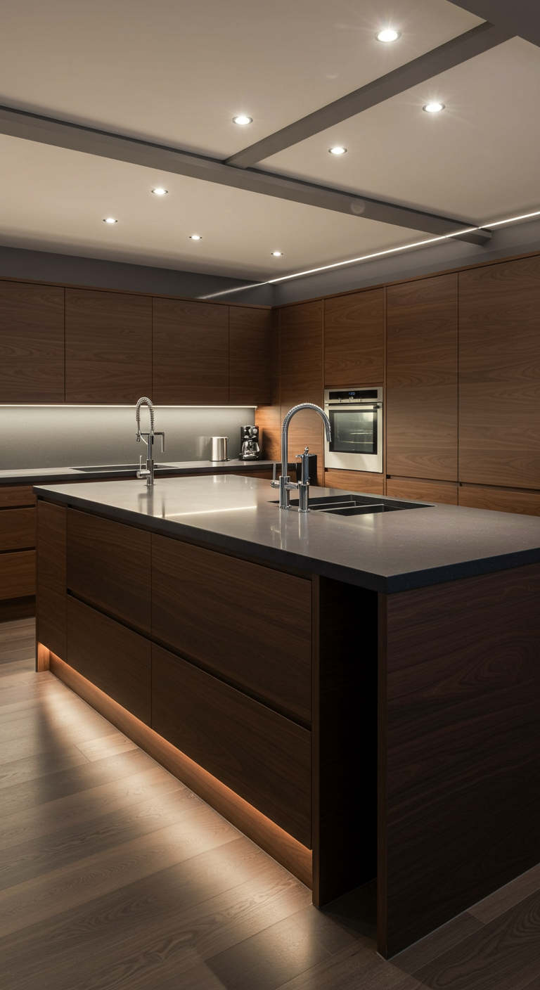 Moderne, donkerhouten keuken met kookeiland en sfeervolle LED-verlichting.