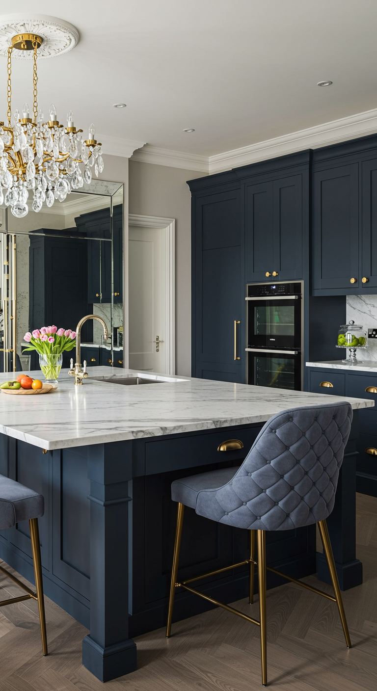Luxe donkerblauw keukeneiland met marmeren blad, gouden details en fluwelen krukken.