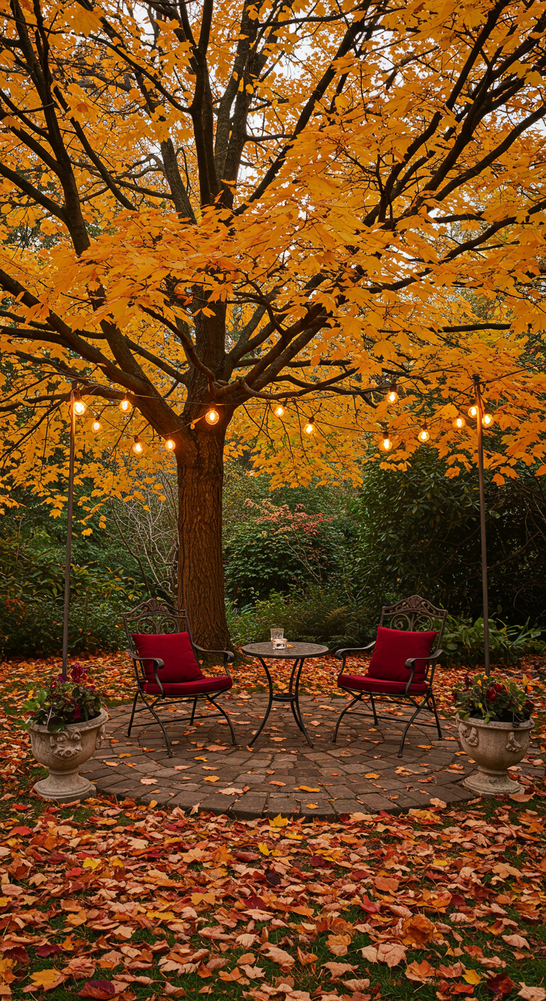 Bistroset onder een boom met gele herfstbladeren en een lichtslinger in de tuin.