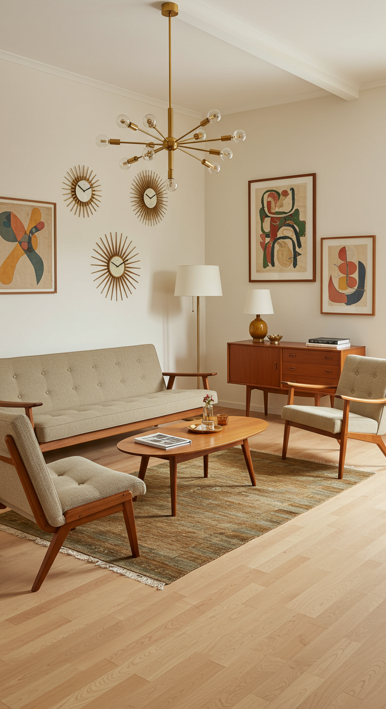 Mid-century modern woonkamer met lichte houten meubels, grafische kunst en retro lamp.